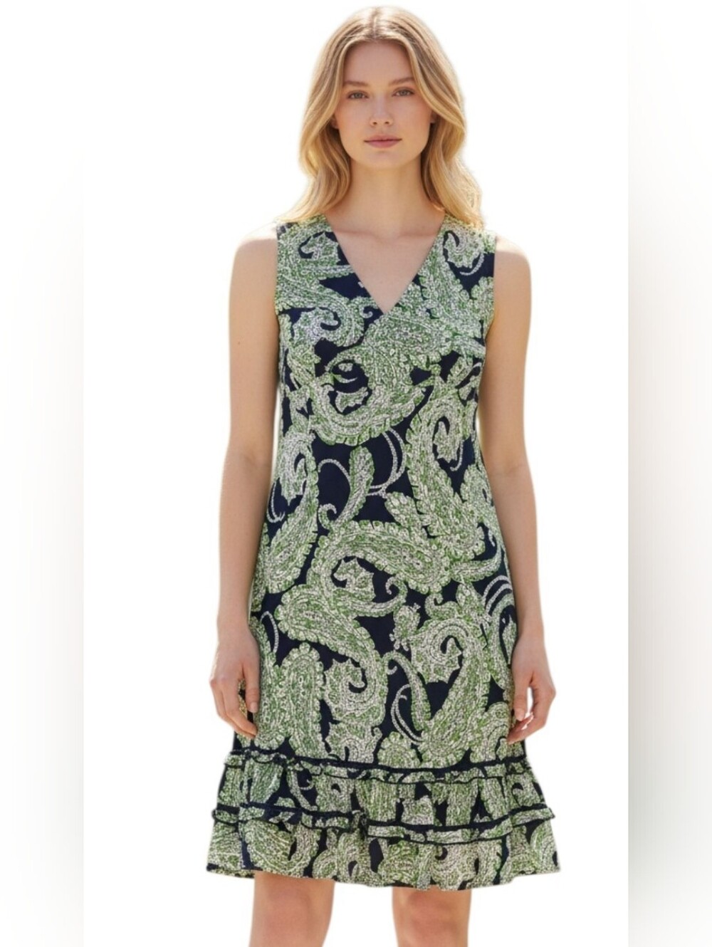 TOMMY HILFIGER petite Paisley A-Line Dress Green Black size 2